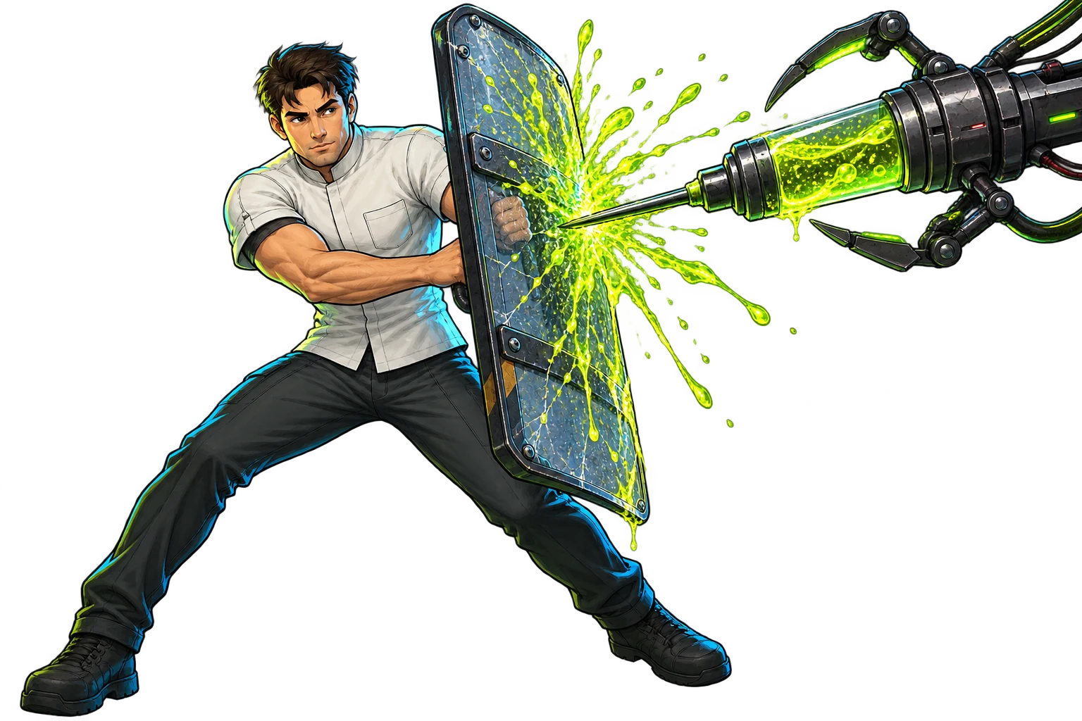 A healthy person blocking a contaminated syringe with a shield